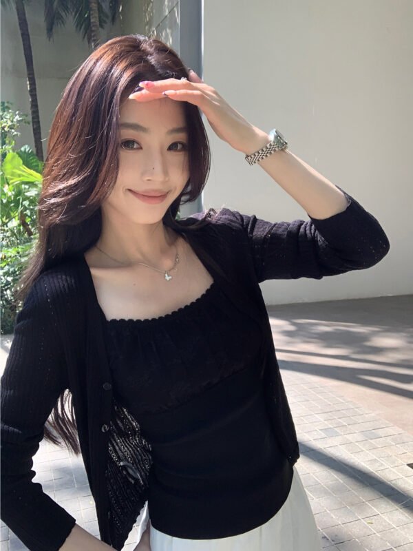 自備鬆弛 鏤空薄針織開衫 黑